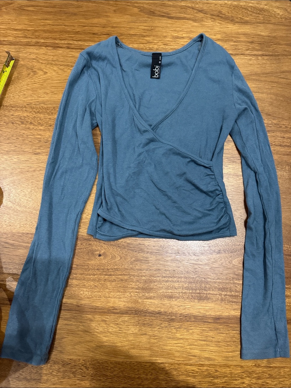 bobi Teal Long-Sleeve Wrap Ribbed Crop Top